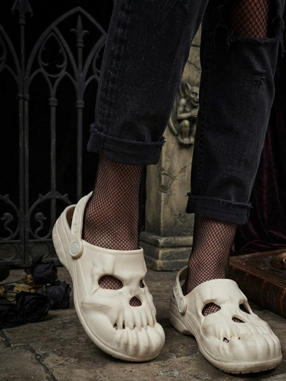 Kids Beige Skull Clog One-Piece Sandals
